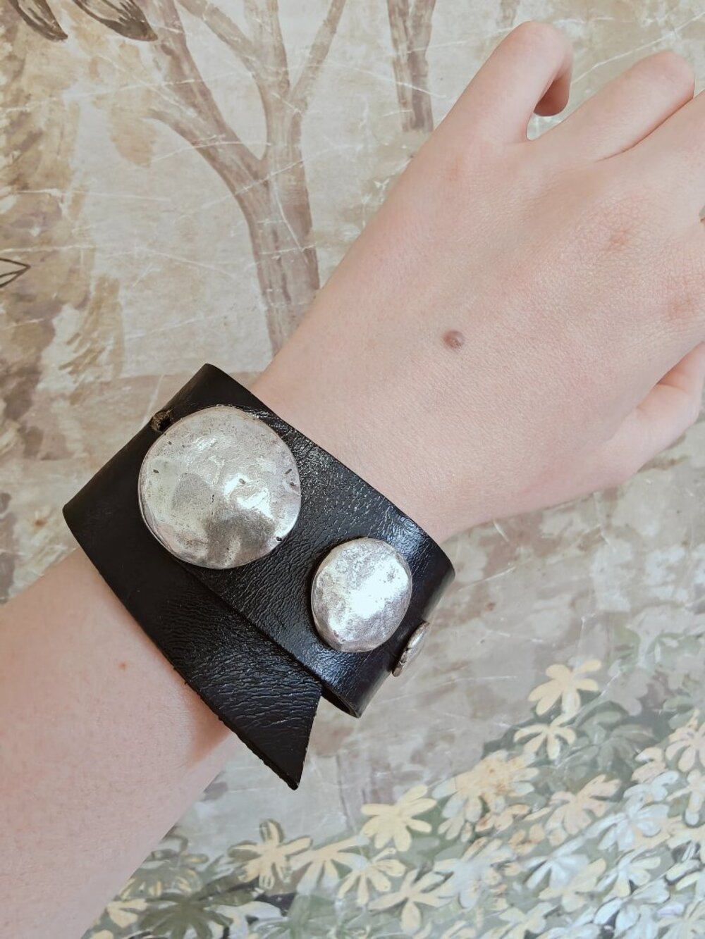 Genuine Leather Black Wide Cuff Bracelet Silver Tone Dome Studs
